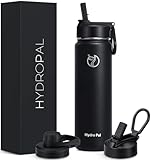 HydroPal Edelstahl Trinkflasche - 750ml, 1L, 1,2L, BPA-Frei, Kohlensäure geeignet, Isolierte flasche mit Strohhalm & 2 Deckel, Auslaufsichere Isolierflasche für Kinder, Sport, Fitness