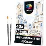 OfficeTree Aquarellpapier A4 – 300 g/m², 40 Blatt, inkl. 2 Pinsel, weiß – ideal für Aquarellmalerei, Skizzen & Handlettering