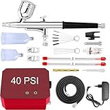 Powate 40PSI Airbrush Set Kompressor Dual Action 3 Modi 0,3/0,3/0,5mm Düse 9CC Tasse Airbrush Pistole für Makeup, Kunsthandwerk, Nageldesign, Tattoo-Modellierung, Malerei, Rot