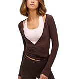 Frauen Y2k Ballett Wrap Top Langarm Tiefer V-Ausschnitt Slim Fit Yoga Pilates Ballet Workout Tops Frühling Kleidung (A-Coffee, S)