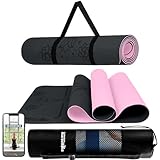 LA MENTE ES MARAVILLOSA - Gymnastikmatte, Rutschfest Yogamatte inkl. Tragegurt + Tasche + Übungs-E-Book, Gepolstert, Hautfreundliches TPE für Fitness/Pilates/Workout 183x61 cm (Blumen, Schwarz/Rosa)