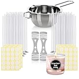 com-four® Kerzenherstellungsset für 120 Kerzen, Zubehör-Set für die Kerzenproduktion - Kerzendochte, Schmelztopf, Dochthalter und Dochtaufkleber für die Kerzenmanufaktur (243 Teile - Starter Set)