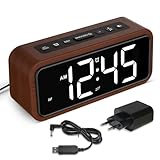 Wecker Laut für Tiefschläfer, Wecker Holz mit LED Anzeige, 12 Alarm-Klingeltöne, 5 Helligkeit Einstellbar, 5 Lautstärken, Manuelles DST, Braun Wecker Retro für Schlafzimmer