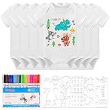 HENGBIRD Zum Bemalen Kurzarm Baby Body 8er Set Babyparty, Baby mit 8 Kurzarmbody (38 x 21 cm) 100% Bio Baumwolle Bunte Textilstift mit Schablonen für Babyparty Spiele Babyshower Strampler