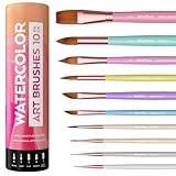 Nicpro 10 Stück Pastell Aquarell Pinsel Set, Professionelle Aquarellpinsel mit Halter und Tasche, Spitz, Rund, Künstler Pinselset für Erwachsene, Anfänger, Aquarell, Tinten, Gouache