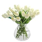 JUSTOYOU 20 STK PU Real Touch Latex Künstliche Tulpen Gefälschte Tulpen Blumen Blumensträuße Blumen Arrangement für Home Room Hochzeitsstrauß Party Herzstück Dekor Weiß