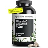 natural elements Vitamin C - 360 Kapseln - Hochdosiert mit 1000mg + 15mg Zink - Pflanzlich fermentiert & gepuffert (pH-neutral, säurefrei, magenschonend) - vegan, laborgeprüfte Qualität