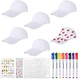 6 Stück DIY Kappe Weiß Baumwolle Baseballcap Kinder Kappen zum Bemalen Sport Baseballmützen für Kinder mit 8 Aquarellstiften Graffiti Kappe Bastelset für Geschenkideen Jungen Mädchen mit Geschenkbox
