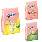 Manner Zitronen-Waffeln | vegane knusprige Waffeln mit Zitronencreme | 1er Pack (400 g) + vegane knusprige Waffeln mit Haselnusscreme | 1er Pack (400 g) + knusprige Kekse mit Haselnusscreme, 1er Pack