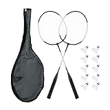 Relaxdays Badminton Set mit Tasche, 2 Badmintonschläger, 10 Federbälle, Federballspiel Kinder & Erwachsene, schwarz/weiß