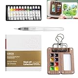 Pocket Aquarell Set, Mini Aquarell für Reisen und Unterwegs, 5 ml 12 Farben Aquarellmalerei Set Mit Holz Palette,Klemme,Zeichenbuch und Wasserstift, Ideal für Künstler, Studenten