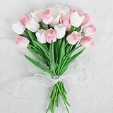 KARLOR Kunstblumen 10 Pcs Tulpen künstliche Blumen Strauß weiß rosa Tulpen künstlich wie echt Kunsttulpen Tulpen Latex Tulpenstrauß Heimdeko Hochzeitsstrauß (weiß & Hellrosa)