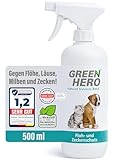 GreenHero Floh- und Zeckenschutz 500 ml das Zeckenspray und Flohmittel für Hunde und Katzen, effektives Flohspray für die direkte Anwendung auf dem Tier bei akutem Befall oder zum Schutz