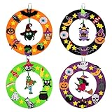 Benjia 4 Stück Halloween-Kranz-Bastelsets für Kinder, DIY-Filzkranz-Ornamente mit Kürbis, Hexe, Eule, Fledermaus, Spinne, Skelett