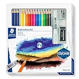 STAEDTLER Aquarell Set, Komplett-Set mit 3 Premium Aquarell-Bleistiften, 12 Aquarell-Farbstiften, 1 Wasserpinsel, 1 Radierer, 1 Metall-Spitzer und Step-by-Step Anleitungen, 61 14610C