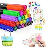 24 Textilstifte Waschmaschinenfest und 7 Schablonen, Textilstifte für T-Shirt, lätzchen zum Bemalen, Stoffbeutel zum Bemalen, Textilfarbe Waschmaschinenfest, Permanent Stoffmalstifte Textilmarker