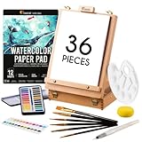 Aquarellfarben Set (36 Stück) - Zenacolor - Wassermalfarben Set, Geschenk 2in1 Aufbewahrungsbox und Staffelei, Aquarellset im Wasserfarbkasten (24 Farben), 6 Pinsel, 1 Block (12 Blatt) und Zubehör
