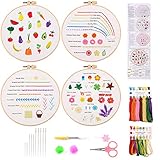 Stickerei Starter Set, 4 Stück Stickerei Starter Kit mit Muster und Anleitung, Kreuzstich set, Stickerei Set Anfänger Erwachsene mit 1 Stück Kunststoff-Stickrahmen, Farbfäden und Werkzeuge