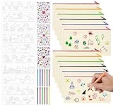 Anstore 12 Stück Stoffbeutel zum Bemalen für Kinder, DIY Blanko Stoff Federmäppchen um Bemalen mit 12 Buntstiften, 10 Schablonen Malen, 3 Blatt Glitzersteine, Bastelset Kindergeburtstag (21x12cm)