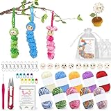 ARCPNRT 102 Stück Sorgenwürmchen Häkeln Set, 50 Holzperlen mit Gesicht, Ausgestattet mit Garn, Schlüsselanhänger, Kleiner Schnalle, Stricknadel, Karte, Mullbeutel, für DIY Häkeln, Glückswürmchen