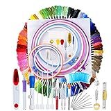 Stickerei-Starter-Set von 140 Teilen, Kreuzstichstich, inklusive Magic- Stickereistift, Stanznadel, 5 Stück Stickrahmen, 2 Kreuzstich-Tücher, 100 Stück Kreuzstichfäden