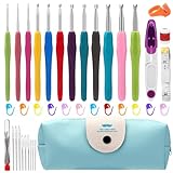 ROYOUZI Häkelnadel Set, 11 Stück Rutschfestes Garn Stricknadel Set, 40 Teiliges Häkelset für Anfänger mit Häkelzubehör, Ergonomisches Häkelnadel-Set aus Weichem Gummi mit Tragbarer Tasche