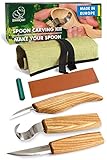 BeaverCraft S13 Holzschnitzerei Werkzeuge Set für Löffelschnitzen 3 Messer in Werkzeugsrolle Abziehriemen mit grüne Polierpaste Hakenmesser Sloyd Messer (rechtshändig Löffelschnitzset)