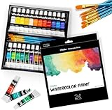 Aquarellfarben Set, Ohuhu 24 Farben Wasserfarben (12ml/Röhre) & 6 Aquarellpinsel - Ungiftig, Reiches Pigment & Schnell Trocknend Watercolor für Künstler und Malbegeisterte