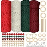 SILARLAIT Makramee Garn Weihnachten 3mm, Makramee Set Zubehör mit 60 Holzperlen, 8 Schlüsselanhänger, 10 Holzringe, 2 Metallsterne, 4 Holzstäbchen, Makrameegarn für Makramee Weihnachtsschmuck Basteln