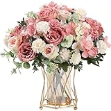 HNVNER 2 Bündel Kunstblumen wie Echt, Künstliche Pfingstrosen Fake Rosen Hortensien Blumen Blumenstrauß, Rosa Fake Seidenblumen für Hochzeit Partei Tischaufsätze Blumenarrangement Heim Küche Dekor