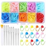 Doxiru 130 Stück Häkel-Maschenmarkierer, 10 Farben, Strickmarker, Häkelklammern, 9 Stück Nähnadeln mit großem Öhr, mit Aufbewahrungsbox für DIY Häkel-Bastelprojekte