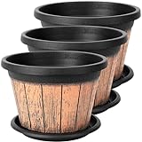 BELLE VOUS 3er Pack Kunststoff Pflanzkübel - Weinfass Design - 22cm Blumentöpfe mit Entwässerungslöchern & Untertassen - Dekorative Pflanzgefäße - Rustikale Holz Look Blumenkübel