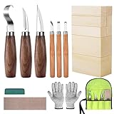 Holz Schnitzwerkzeug Set für Kinder und Anfänger, Holz Schnitzen Set mit 8PCS Lindenholz, Holzschnitzwerkzeug Geschenk mit 6PCS Schnitzmesser, Handschuhe, Tragbare Leinentasche und Anspitzer