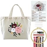 Turmaster Stickerei Set mit Canvas Tote Bag, Stickset für Anfänger, Sticken Set Erwachsene mit Blumenmuster,Stickrahmen,Fäden und DIY Stickerei Werkzeuge，Weiß