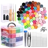 72 Farben Nadelfilz Set, Filzwolle Roving, 128 Stück Nadelfilz Starter Kit mit Filznadeln Grundwerkzeugen und Zubehör Wollfaser-Handspinnmaterial zum Basteln für Anfänger DIY Filz Tier Handwerk
