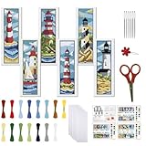 FREEBLOSS 6 Set Lesezeichen Kreuzstich Sets, Stick Lesezeichen Kreuzstich Sets Mit Anleitung, Leuchtturm Landschaftsmuster, Kreuzstich Set Für Anfänger, Lesezeichen Herstellungsset als Geschenk