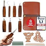 Eli® Hochwertiges Profi Schnitzwerkzeug Set inkl Tasche und Abziehleder - Walnussholzgriffe - rostfreier Stahl - Schnitzmesser - Schnitzset - Werkzeug - Perfekt für Erwachsene - Holzschnitzwerkzeug
