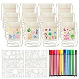 12 Stück Stoffbeutel zum Bemalen für Kinder, 18×13 cm Kinder Umhängegeldbeutel mit 18 Farbe Stiften&6 Malschablonen DIY Beige Brustbeutel Schultertaschen Beutel zum Bemalen für Schule Party Geschenk