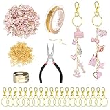 173 Stück DIY Schlüsselanhänger Set, Selber Machen mit Rosa Charms und Karabinerhaken, Klein Keychain Making Kit Metallringe zum Basteln, Schlüsselringe Edelstahl für Handarbeitsbegeisterte Mädchen