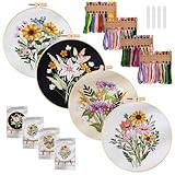 4 Stück Stickset Embroidery Kit, Stickerei Set Anfänger, Sticken Set Erwachsene, Stick Sets zum Sticken Anfänger Stickbilder Vorgedruckt Kreuzstich mit Blumenmuster für DIY Kunst, Handwerk