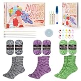Katech Stricken für Anfänger Set, Strumpfnadeln für Socken, Knitting Set Anfänger, 25cm Stricknadeln Socken aus Metall und Bambus, Strickset für Anfänger mit Englisch Anleitung, Grün+Lila+Grau