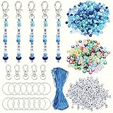 BEEFLYING 750 Stück Perlen-Schlüsselanhänger DIY-Set Schlüsselanhänger-Bastelset Buchstabenperlen Schnur Verstellbarer Alphabet-Schlüsselring Rucksack-Taschenanhänger (Blau)