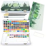Mikkelhus Aquarellfarben Set 120 Farben in Tragbarer Box. Pinsel und Aquarellpapier, Aquarell für Reisen, Aquarell farben für Künstler. 120 Farben, darunter 6 fluoreszierende und 12 Metallictöne.