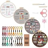 VynyQoo 4pcs Sticken Set Erwachsene, Stickset für Anfänger, Embroidery Kit mit Kunststoff Stickrahmen, Stickerei Starter Set, Stickerei Lernset mit 4 Stickmuster Video und Anleitung für DIY Handwerk
