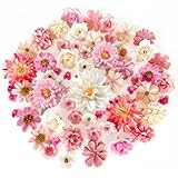 ROLLWAY 60 Stück Kunstblumen zum Basteln Rosa Weiß, 18 Typen Klein Künstliche Blumen zum Basteln Blumenköpfe 2~8cm, Mini Kunstblumen Deko Blütenköpfe Fake Blumendeko für DIY Basteln Hochzeit