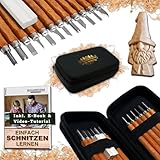HOLZWURM Holz-Schnitzwerkzeug Set - 17 teilig, inkl. Anleitung für ein Schnitzprojekt & E-Book für Einsteiger, Tasche & Abziehstein, ideales Schnitzmesser-Set für Anfänger und Profis