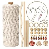 120 Makramee Set Anfänger mit Anleitung,Makramee Garn 3mmx100m,mit Schlüsselanhänger,100 Holzperlen,4 Holzstäbchen,6 Holzringe,Metallring,Geschenk-Taschen usw, Komplett DIY Set Erwachsene