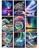 9-Pack Landschaft Diamond Painting Kits für Erwachsene, 5D DIY Aurora mit Baum Diamond Art Kits für Anfänger Runde volle Bohrer Paint by Diamonds für Home Wall Decor Geschenk12X16Inch
