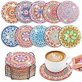10 Stück Diamond Painting Untersetzer Mit Halter, Diamant Tassenuntersetzer, Diamond Painting Erwachsene zum Basteln, 5D DIY Mandala Untersetzer rutschfest für Anfänger, Erwachsene & Kinder