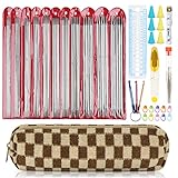 Aeelike Stricknadeln Set Mit Zubehör Und Tasche, 2mm - 6,5mm Edelstahl Doppelspitz 20 cm, 55 Stück Für Socken, Metall Nadelspiel Für Anfänger, Gerade Set